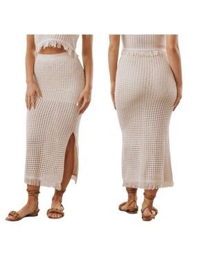 Miou Muse Lovers Beach Crochet Boho Midi Skirt with Fringe Trim in Sand Beige